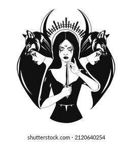 Triple lunar Goddess Hecate ancient Greek mythology hand drawn black and white isolated vector illustration. Tattoo or print design. Vector illustration.