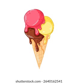 Triple melting scoop ice cream cone with chocolate, strawberry or cherry and lemon flavor in cartoon style. Perfect for dessert cafe menu, summer design, sweets project.