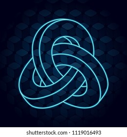 Triple Mobius Loop Impossible Geometric Figure Neon Sign Style Icon In Front of Repeating Cube Pattern Wallpaper Inspired by Escher - Turquoise on Blue Background - Gradient and Flat Graphic Design