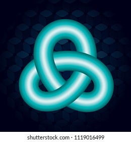 Triple Mobius Loop Impossible Geometric Figure Glowing Synthetic Style Icon In Front of Repeating Cube Pattern Wallpaper Inspired by Escher - Turquoise on Blue Background - Vector Flat Graphic Design