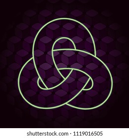 Triple Mobius Loop Neon Sign Style Impossible Geometric Figure Icon In Front of Repeating Cube Pattern Wallpaper Inspired by Escher - Green on Purple Background - Gradient and Flat Graphic Design