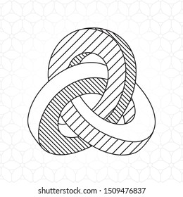 Triple Mobius Loop Technical Draw Style Impossible Geometric Figure Inspired by Escher - Black Isometric Object on Repeating Cube Pattern Wallpaper Background - Vector Outline Graphic Design