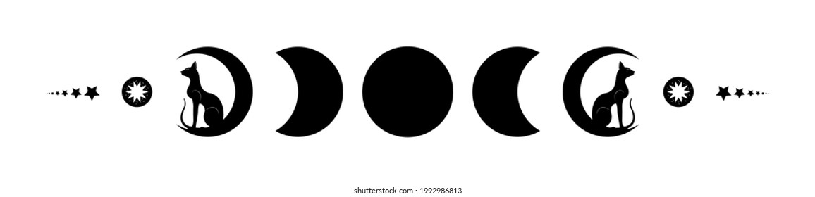Triple moon and black cats, pagan Wiccan goddess symbol, moon phases, silhouette wicca banner sign, energy circle. Sacred geometry of the wheel of the year, vector isolated on white background