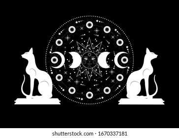 Triple moon and cats, pagan Wiccan goddess symbol, sun system, moon phases, orbits of planets, energy circle. Sacred geometry of the wheel of the year, vector isolated on transparent black background