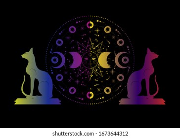 Triple moon and cats, pagan Wiccan goddess symbol, sun system, moon phases, orbits of planets, energy circle. Colorful Sacred geometry of the wheel of the year, vector isolated on black background