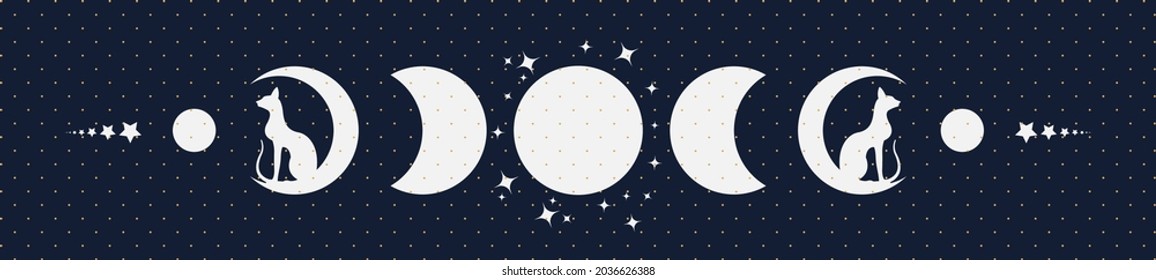 Triple moon and cats, pagan Wiccan goddess symbol, moon phases, silhouette wicca banner sign, energy circle. Sacred geometry of the wheel of the year, vector isolated on blue gold dots background svg