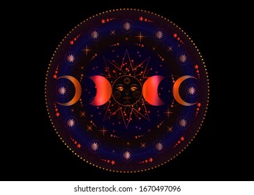 Triple moon, colorful pagan Wiccan goddess symbol, sun system, moon phases, orbits of planets, energy circle. Sacred geometry of the wheel of the year, vector isolated on transparent black background