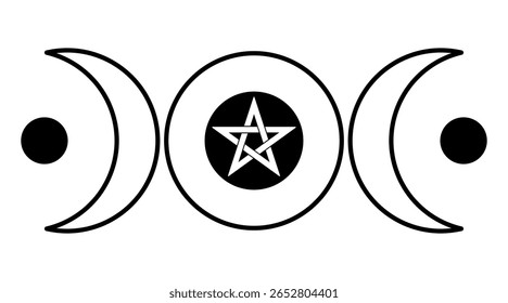 Lua Tripla. Crop circle pattern, encontrada em 2025 em Wiltshire. Símbolo popular wiccano e pagão representando a fase de enceramento, cheia e decrescente da lua. Com pentagrama entrelaçado no centro da lua.