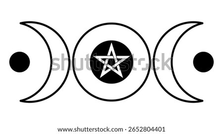 Triple Moon. Crop circle pattern, found 2025 in Wiltshire. Popular Wiccan and pagan symbol representing waxing, full and waning phase of the moon. With intertwined pentagram in the center of the moon.