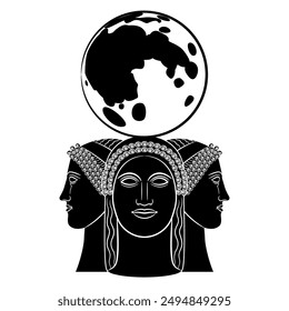 Triple moon goddess. Hecate. Lunar female triad. Creative mythological concept. Three women faces with full moon as their crown. Philosophical symbol. Black and white silhouette.