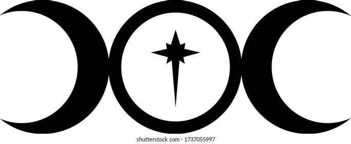 Triple Moon Goddess symbol with star in centre in black and white