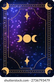 Triple moon goddess tarot card back with golden art deco frame on purple blue cosmic galaxy background. Mystical celestial design for spiritual divination.