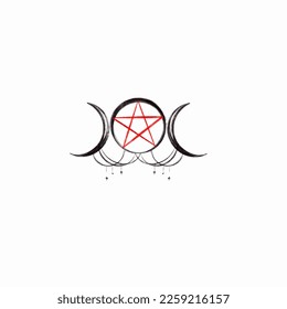 Triple moon goddess tattoo design idea. Waxing, full and waning moons with pentagram dry brushstroke hand drawn element. Wicca and mystical vector doodle 