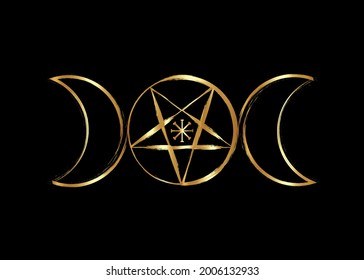 Triple Moon Goddess Wicca Pentacle symbol, golden pagan witchcraft icon in gold brush stroke style. Vector isolated on black background svg