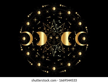 Triple moon, Golden pagan Wiccan goddess symbol, sun system, moon phases, orbits of planets, energy circle. Sacred geometry of the wheel of the year, vector isolated on transparent black background