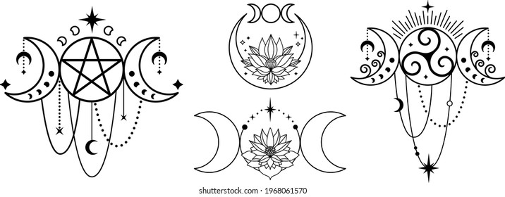 Triple moon with lotus and moon phases. Witchy tatoo logo design set. Mystic boho logo, design elements with moon, stars, flower