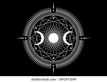 Triple moon mystic icon Sacred Geometry Wicca sign, radial rays symbol, concept of moonlight, logo Mandala Goddess tattoo of white line, Masonic symbology, vector isolated on black background