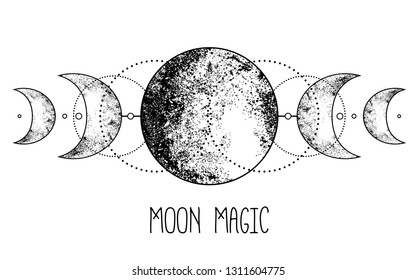 Triple moon pagan Wicca moon goddess symbol. Three-faced Goddess: Maiden – Mother – Crone vector illustration.  Tattoo, astrology, alchemy, boho and magic symbol. Coloring book.
