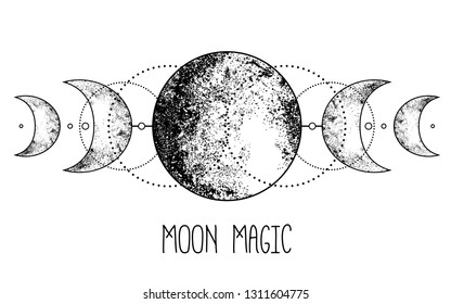 Triple moon pagan Wicca moon goddess symbol. Three-faced Goddess: Maiden – Mother – Crone vector illustration.  Tattoo, astrology, alchemy, boho and magic symbol. Coloring book. svg