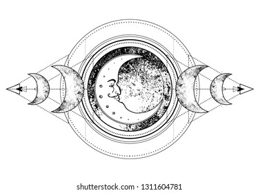 Triple moon pagan Wicca moon goddess symbol. Three-faced Goddess: Maiden – Mother – Crone vector illustration.  Tattoo, astrology, alchemy, boho and magic symbol. Coloring book.