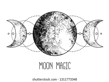 Triple moon pagan Wicca moon goddess symbol. Three-faced Goddess: Maiden – Mother – Crone vector illustration.  Tattoo, astrology, alchemy, boho and magic symbol. Coloring book.