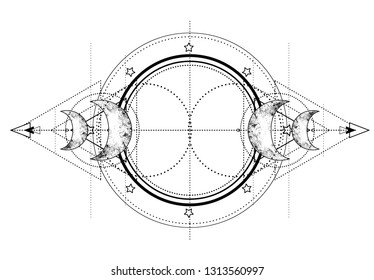 Triple moon pagan Wicca moon goddess symbol. Three-faced Goddess: Maiden – Mother – Crone vector illustration.  Tattoo, astrology, alchemy, boho and magic symbol. Coloring book.