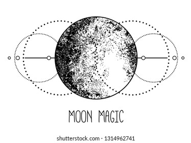 Triple moon pagan Wicca moon goddess symbol. Three-faced Goddess: Maiden – Mother – Crone vector illustration.  Tattoo, astrology, alchemy, boho and magic symbol. Coloring book.