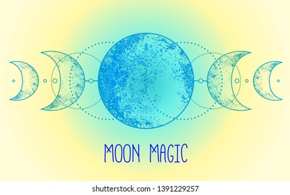 Triple moon pagan Wicca moon goddess symbol. Three-faced Goddess: Maiden – Mother – Crone vector illustration. Tattoo, astrology, alchemy, boho and magic symbol. 