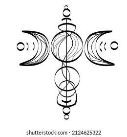 Triple moon pagan Wicca moon goddess symbol.Hand drawn geometric esoteric and occult sign vector illustration isolated on white background.Tattoo, astrology,alchemy,boho and magic symbol.Coloring book