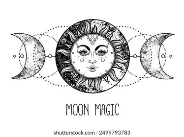 Triple moon pagan Wicca moon goddess symbol. Three-faced Goddess Maiden - Mother - Crone vector illustration. Tattoo, astrology, alchemy, boho and magic symbol. 