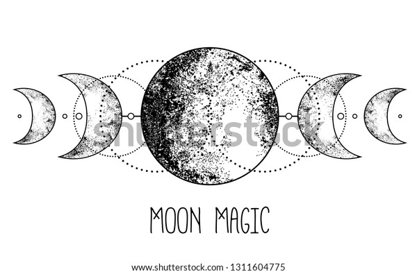 Triple moon pagan\
Wicca moon goddess symbol. Three-faced Goddess: Maiden – Mother –\
Crone vector illustration.  Tattoo, astrology, alchemy, boho and\
magic symbol. Coloring\
book.