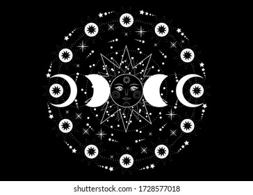 Luna triple, símbolo pagano de la diosa Wiccan, sistema solar, fases lunares, órbitas de planetas, círculo energético. Geometría sagrada de la rueda del año, vector aislado sobre fondo negro