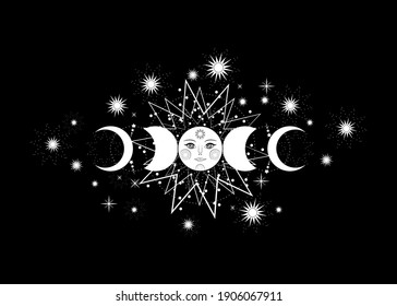 Triple moon, pagan Wiccan goddess symbol, moon phases, sun system, orbits of planets, stars, energy circle. Sacred geometry of the wheel of the year, vector white color isolated on black background