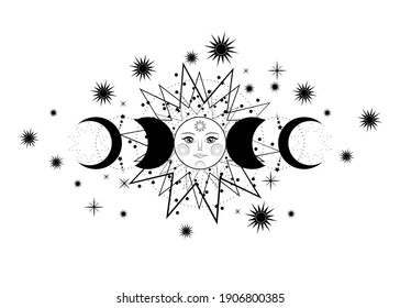 Triple moon, pagan Wiccan goddess symbol, sun system, moon phases, orbits of planets, energy circle. Sacred geometry of the wheel of the year, vector isolated on white background