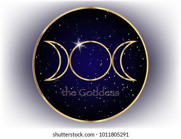 Triple Moon Religious gold sign. Wicca and Neopaganism symbol, Triple Goddess, golden diadem circular universe background 