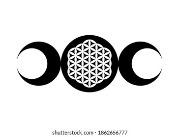 Triple Moon Religious wiccan sign. Wicca logo Neopaganism symbol, Triple Goddess and Flower of Life  icon tattoo, Sacred Geometry mandala of harmony and balance, vector isolated on white background 