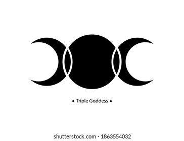 Triple Moon Religious wiccan sign. Wicca logo Neopaganism symbol, Triple Goddess icon tattoo, Goddess of the Moon, the Earth, and childbirth. Crescent, half, and full moon vector isolated on white  svg