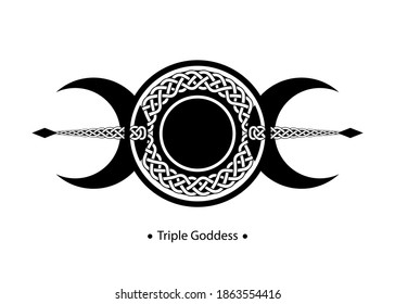Triple Moon Religious wiccan sign. Wicca logo Neopaganism symbol, Triple Goddess icon tattoo, Goddess of the Moon, the Earth, and childbirth. Crescent, half, and full moon vector isolated on white  svg