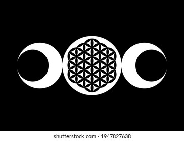 Signo de wiccan de la Triple Luna religiosa. Logo de Wicca Símbolo de neopaganismo, tatuaje del icono Triple Diosa y Flor de la Vida, Mandala de la Geometría Sagrada de la armonía y el equilibrio, vector aislado en el fondo negro 