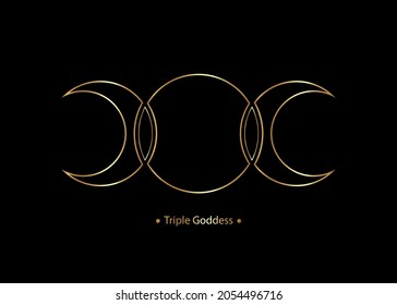 Triple Moon Religious wiccan sign. Wicca logo Neopaganism symbol, Gold Triple Goddess icon, Goddess of the Moon, the Earth, and childbirth. Crescent, half, and full moon vector isolated on black svg