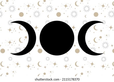 Signo de wiccan de la Triple Luna religiosa. Logo de Wicca Símbolo de neopaganismo, tatuaje del icono de la Diosa Triple, Diosa de la Luna, la Tierra y el parto. Creciente, media luna llena, fondo celeste vectorial