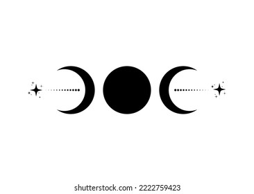 Triple Moon Religious wiccan sign. Wicca logo Neopaganism symbol, Triple Goddess icon tattoo, Goddess of the Moon, the Earth, and childbirth. Crescent, half, and full moon vector isolated on white 