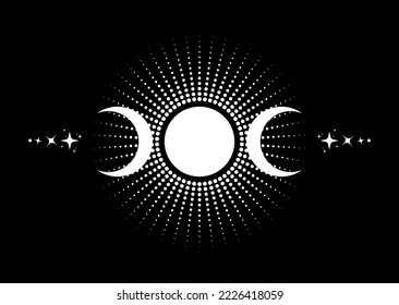 Triple Moon Religious wiccan sign. Wicca logo Neopaganism symbol, Triple Goddess icon tattoo, Goddess of the Moon, the Earth, and childbirth. Crescent, half, and full moon vector isolated on black