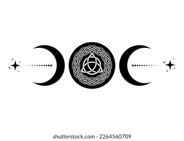 Triple Moon Religious wiccan sign. Wicca Triquetra logo Neopaganism symbol, celtic knot Triple Goddess icon tattoo, Goddess of the Moon, Crescent, half, full moon vector isolated on white background