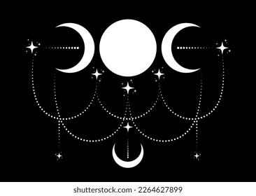 Signo de wiccan de la Triple Luna religiosa. Logo de Wicca Símbolo de neopaganismo, estilo boho celta, tatuaje del ícono de la diosa, Diosa de la luna, Media luna llena aislada en fondo negro