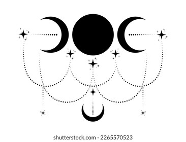 Signo de wiccan de la Triple Luna religiosa. Logo de Wicca Símbolo de neopaganismo, estilo boho celta, tatuaje del ícono de la diosa, Diosa de la luna, Media luna llena, vector aislado en fondo blanco