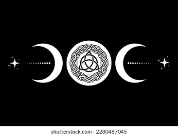 Signo de wiccan de la Triple Luna religiosa. Logo de Wicca Triquetra Símbolo neopaganismo, nudo celta Icono de Triple Diosa tatuaje, Diosa de la Luna, Media Luna, vector luna llena aislado en fondo negro