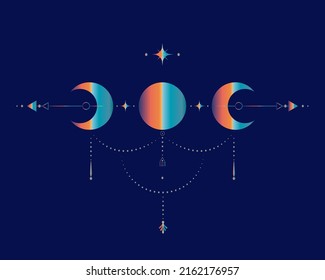 Triple Moon, Sacred Geometry, mystical arrows and crescent moon, dotted lines in boho style, wiccan icon, alchemy esoteric mystical magic sign. Spiritual occultism vector isolated on blue background