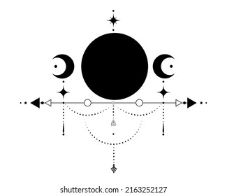 Triple Moon, Sacred Geometry, mystical arrows and crescent moon, dotted lines in boho style, wiccan icon, alchemy esoteric mystical magic sign. Spiritual occultism vector isolated on white background