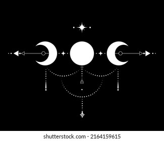 Triple Moon, Sacred Geometry, mystical arrows and crescent moon, dotted lines in boho style, wiccan icon, alchemy esoteric mystical magic sign. Spiritual occultism vector isolated on black background